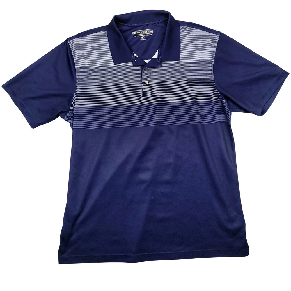 Pebble Beach Mens Dry-Luxe Performance Golf Polo Shirt‎ Navy Blue Striped XL